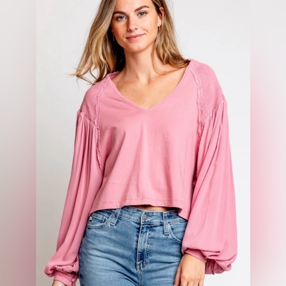 NWT Free People Kathy Boho Blouse in Blush Rose, Long Sleeve Statement Top